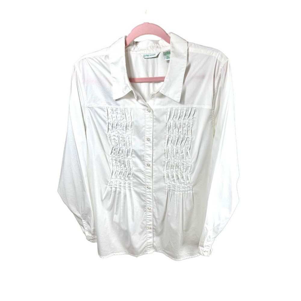 Laura Ashley White Pleated Smocked Button Down Blouse Shirt Womens XL‎ Stretch